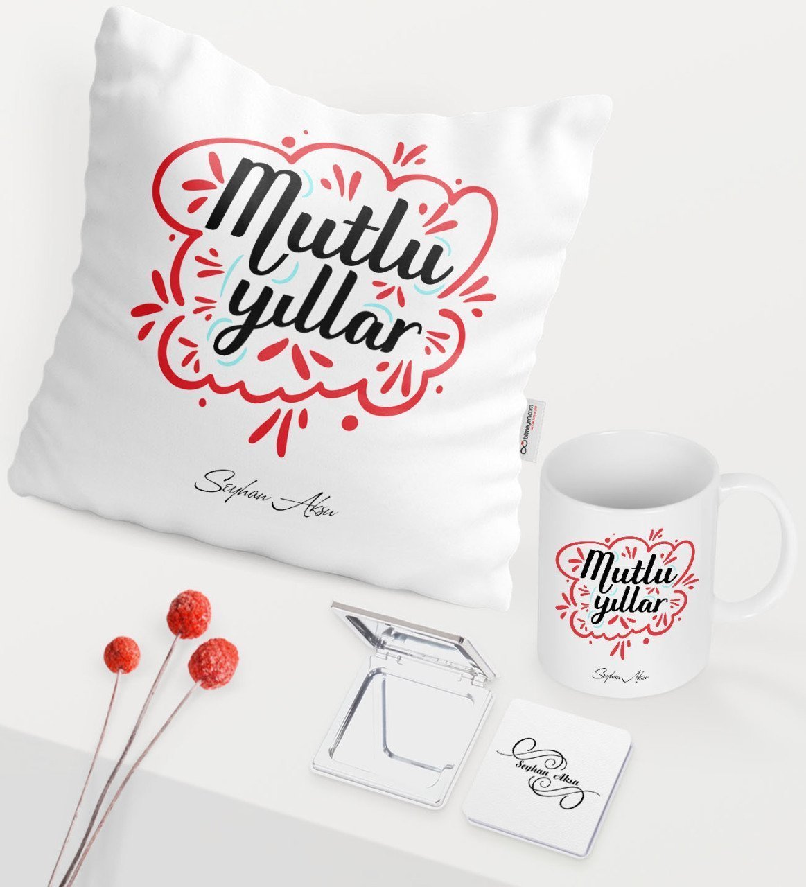 Kişiye Özel Yılbaşı Mutlu Yıllar Temalı Beyaz Kupa Ayna Yastık Seti - 3