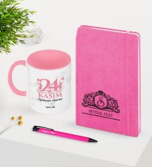 Kişiye Özel Öğretmenler Günü Temalı Pembe Defter Kalem Kupa Seti - 2