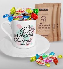 Kişiye Özel Valide Sultan Tasarımlı Türk Kahvesi Fincanı Mehmet Efendi Kahve ve Haribo Şeker Hediye Seti-3