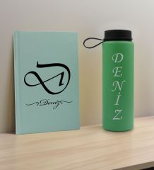 BK Gift Kişiye Özel İsimli Su Yeşili Defter ve Yeşil Cam Matara Hediye Seti-2, Sevgiliye Hediye, Arkadaşa Hediye, Yeni İş Hediyesi