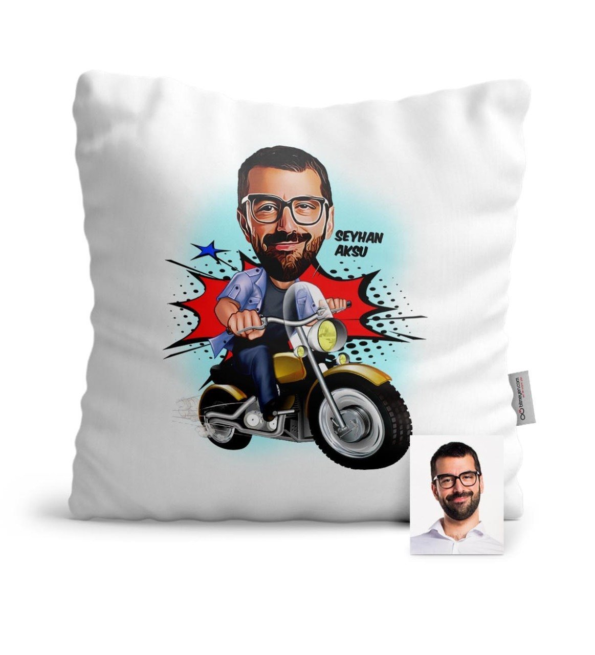 Kişiye Özel Motorcu Karikatür Saten Yastık - 1