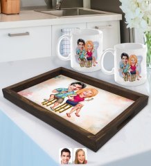 Kişiye Özel Sevgililer Karikatürlü Doğal Ahşap Tepsi ve 2’li Kupa Bardak Seti-51