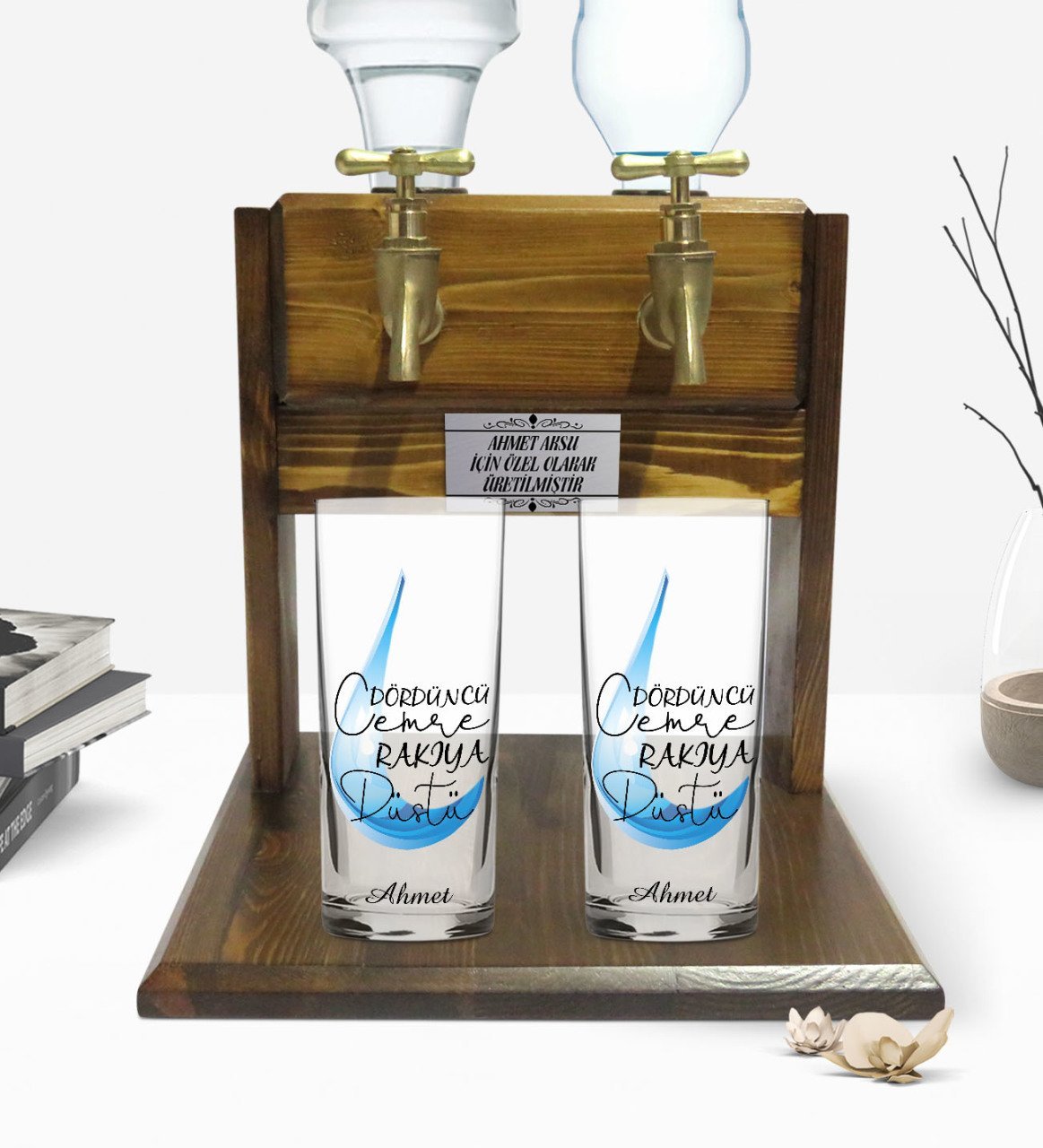 Kişiye Özel Renkli Baskılı Dördüncü Cemre Tasarımlı İkili Rakı Bardağı ve Çift Musluklu Doğal Ahşap Rakı Standı-1