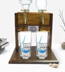 Kişiye Özel Renkli Baskılı Dördüncü Cemre Tasarımlı İkili Rakı Bardağı ve Çift Musluklu Doğal Ahşap Rakı Standı-1