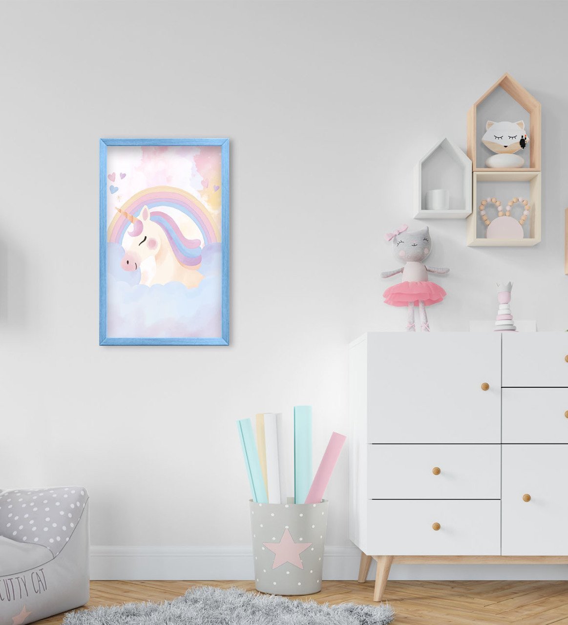 BK Home Unicorn Tasarımlı Dekoratif Mavi Ahşap Çerçeveli Çocuk Odası Tablo-1
