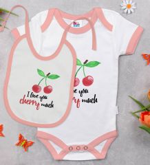 BK Kids Cherry Much Tasarımlı Pembe Bebek Body Zıbın ve Mama Önlüğü Hediye Seti-1