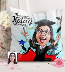 Kişiye Özel Bayan Mezun Karikatürlü Saten Yastık - 1