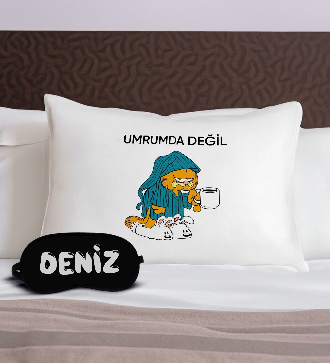 BK Gift Kişiye Özel Eğlenceli Kedi Tasarrımlı Pamuklu Yastık Kılıfı ve Göz Bandı Uyku Seti-7, Tasarım Ev Tekstili, Uyku Bandı, Ev Hediyesi