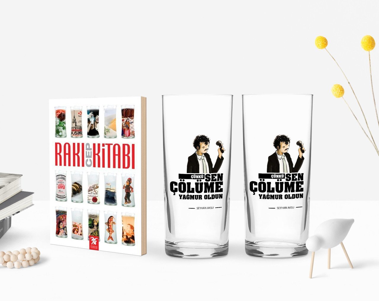 Kişiye Özel Renkli Baskılı Çünkü Sen Çölüme Yağmur Oldun Tasarımlı İkili Rakı Bardağı ve Rakı Cep Kitabı Hediye Seti-3