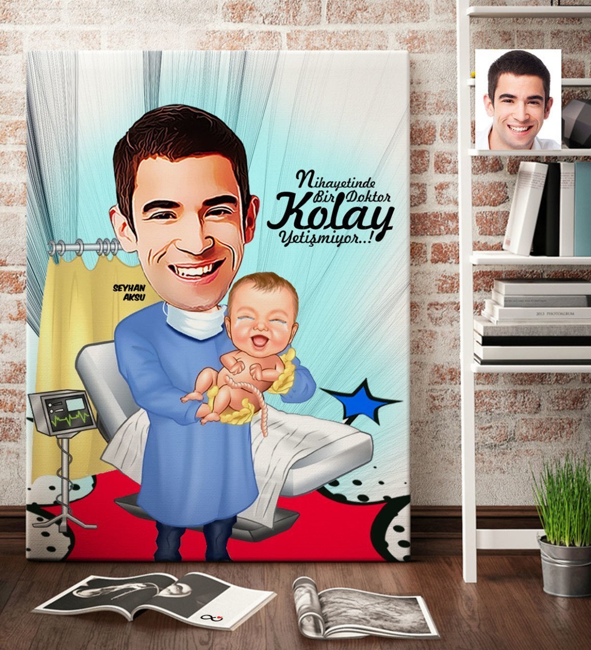 Kişiye Özel Bay Kadın Hastalıkları ve Doğum Uzmanı Karikatür Kanvas Tablo (70 x 100 cm.) 1