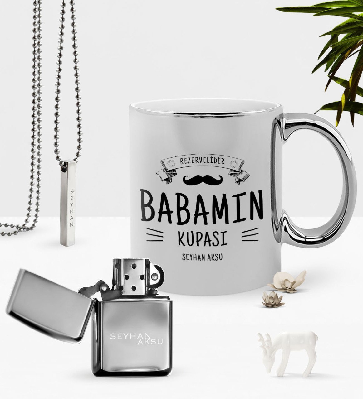 Kişiye Özel Babamın Kupası Krom Kupa Benzinli Çakmak Kolye Seti