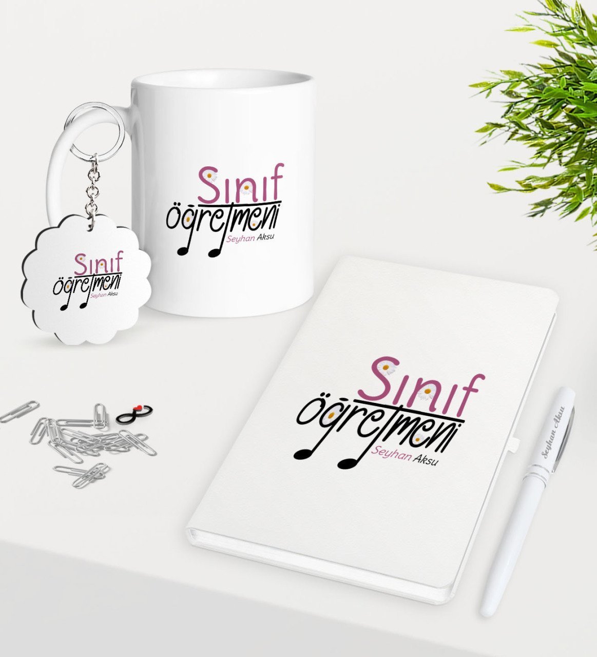Kişiye Özel Sınıf Öğretmeni Kupa Anahtarlık Beyaz Defter Kalem Hediye Seti-16