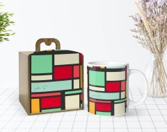 Kişiye Özel Ahşap Kutuda Mondrian Tasarımlı Beyaz Kupa Bardak-2