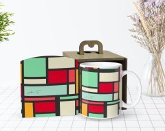 Kişiye Özel Ahşap Kutuda Mondrian Tasarımlı Beyaz Kupa Bardak-2