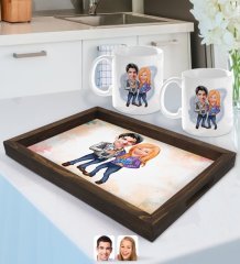Kişiye Özel Sevgililer Karikatürlü Doğal Ahşap Tepsi ve 2’li Kupa Bardak Seti-50