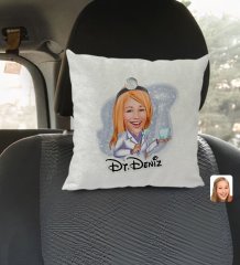 Kişiye Özel İsimli Kadın Diş Hekimi Karikatürlü Kare Araç Koltuk Yastığı-1