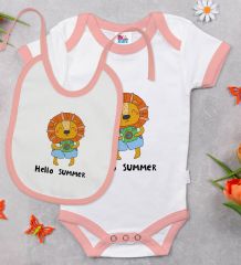 BK Kids Hello Summer Tasarımlı Pembe Bebek Body Zıbın ve Mama Önlüğü Hediye Seti-1