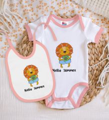 BK Kids Hello Summer Tasarımlı Pembe Bebek Body Zıbın ve Mama Önlüğü Hediye Seti-1