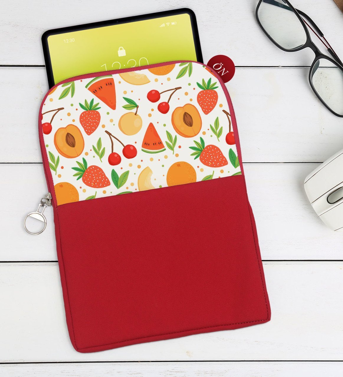 BK Gift Meyveler Tasarımlı Taşınabilir Koruyucu Tablet Kılıfı & Organizer Çanta - Kırmızı-1