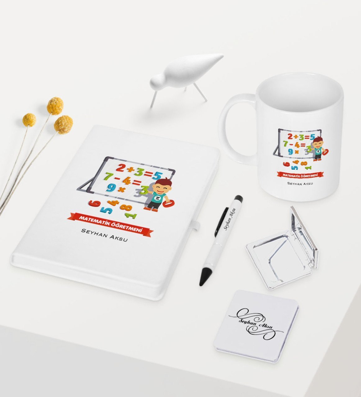 Kişiye Özel Matematik Öğretmeni Temalı Beyaz Defter Kalem Kupa Ayna Seti - 5