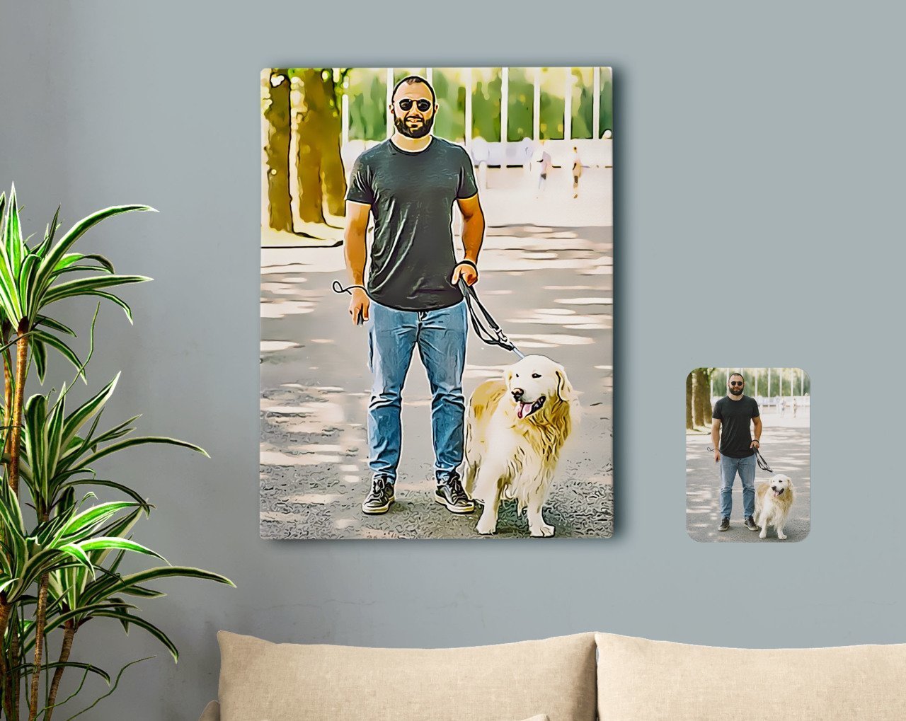 Kişiye Özel Tam Boy Erkek ve Köpek Karikatürlü Kanvas Tablo 50x70cm-1