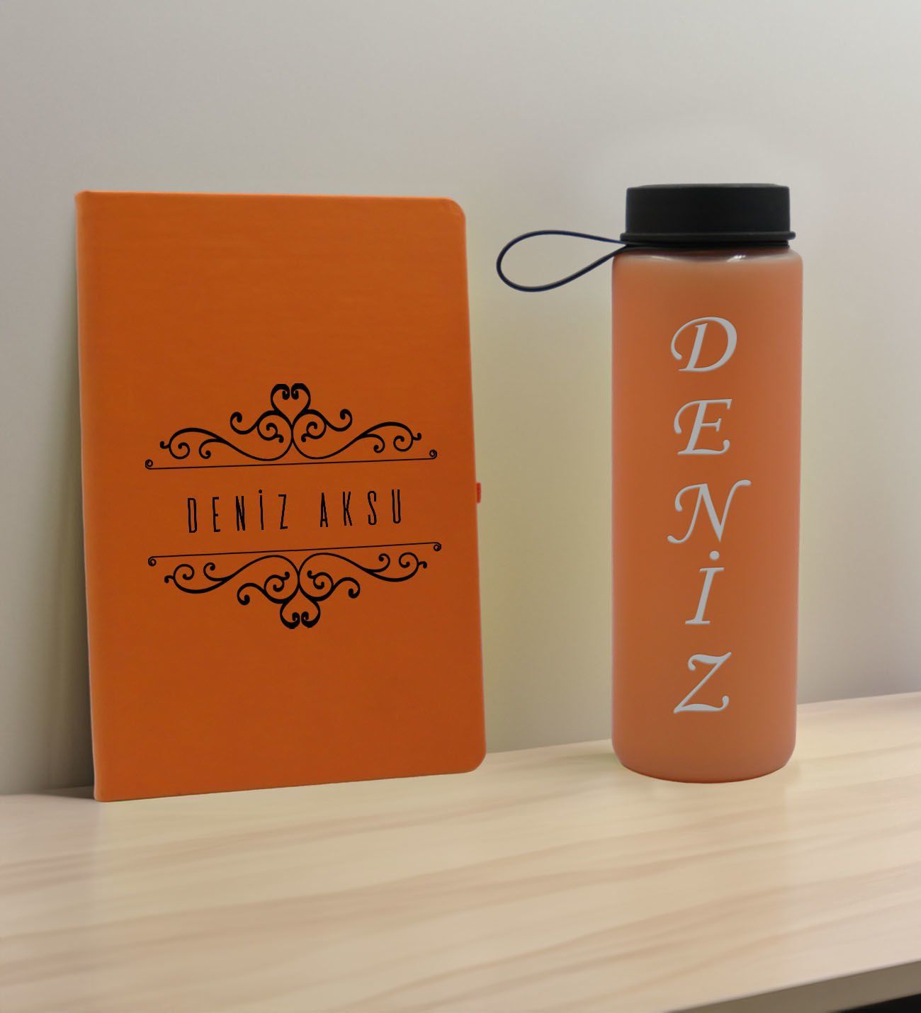 BK Gift Kişiye Özel İsimli Turuncu Defter ve Somon Cam Matara Hediye Seti-8, Sevgiliye Hediye, Arkadaşa Hediye, Yeni İş Hediyesi