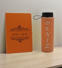 BK Gift Kişiye Özel İsimli Turuncu Defter ve Somon Cam Matara Hediye Seti-8, Sevgiliye Hediye, Arkadaşa Hediye, Yeni İş Hediyesi