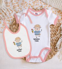 BK Kids Summer Time Tasarımlı Pembe Bebek Body Zıbın ve Mama Önlüğü Hediye Seti-1