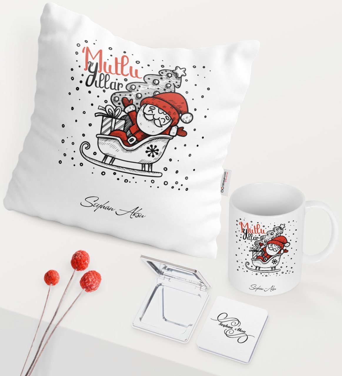 Kişiye Özel Yılbaşı Noel Baba Temalı Beyaz Kupa Ayna Yastık Seti - 5