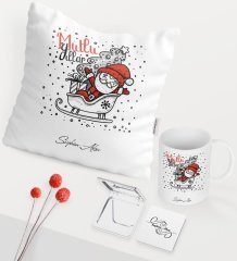 Kişiye Özel Yılbaşı Noel Baba Temalı Beyaz Kupa Ayna Yastık Seti - 5