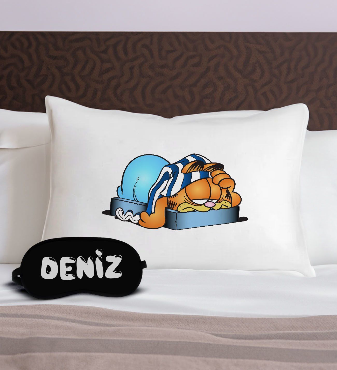 BK Gift Kişiye Özel Eğlenceli Kedi Tasarrımlı Pamuklu Yastık Kılıfı ve Göz Bandı Uyku Seti-5, Tasarım Ev Tekstili, Uyku Bandı, Ev Hediyesi