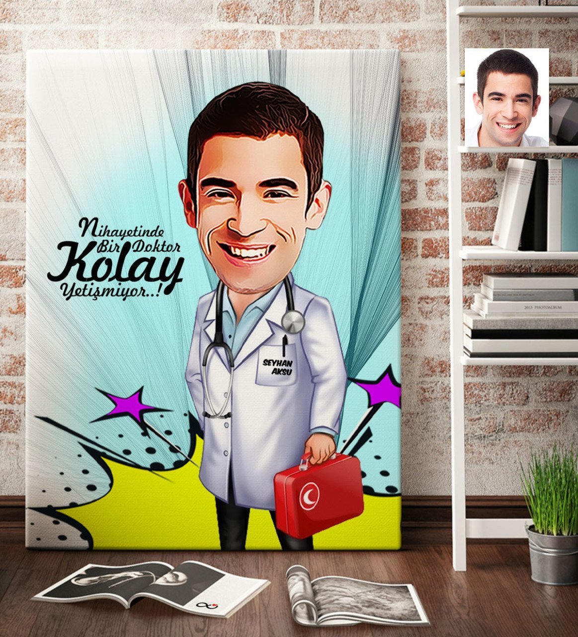 Kişiye Özel Bay Doktor Karikatür Kanvas Tablo (70 x 100 cm.) 6