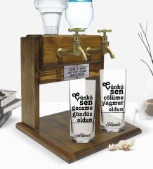 Kişiye Özel Renkli Baskılı Çünkü Sen Tasarımlı İkili Rakı Bardağı ve Çift Musluklu Doğal Ahşap Rakı Standı-1