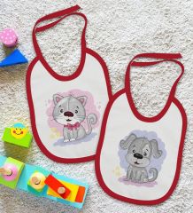 BK Kids Sevimli Kedi ve Köpek Tasarımlı 2’li Kırmızı Mama Önlüğü-1
