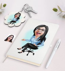 Kişiye Özel Kadın Patron Karikatürlü Beyaz Defter Kalem ve Anahtarlık Hediye Seti-2