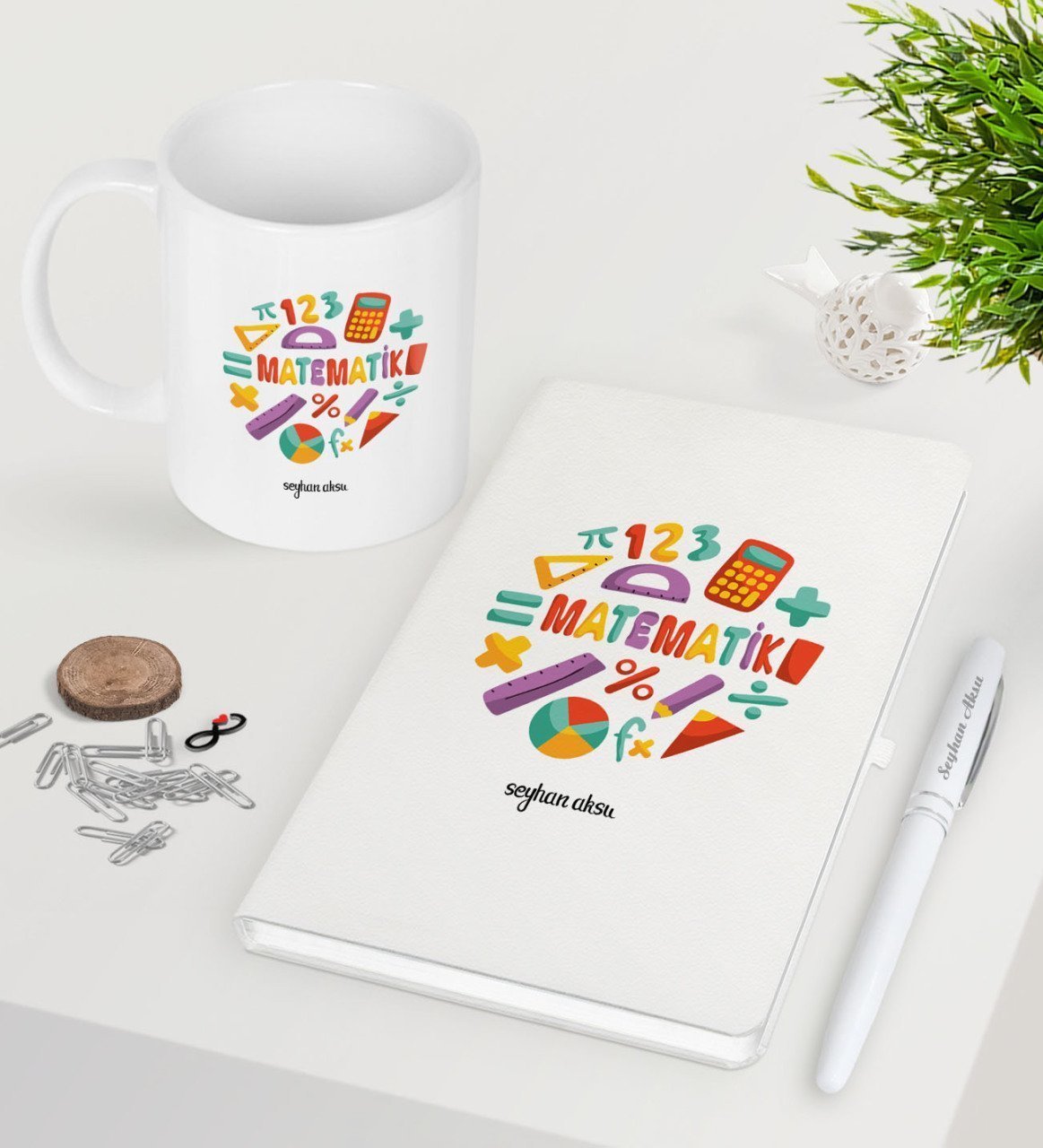 Kişiye Özel Matematik Öğretmeni Beyaz Defter Kalem Kupa Seti-13