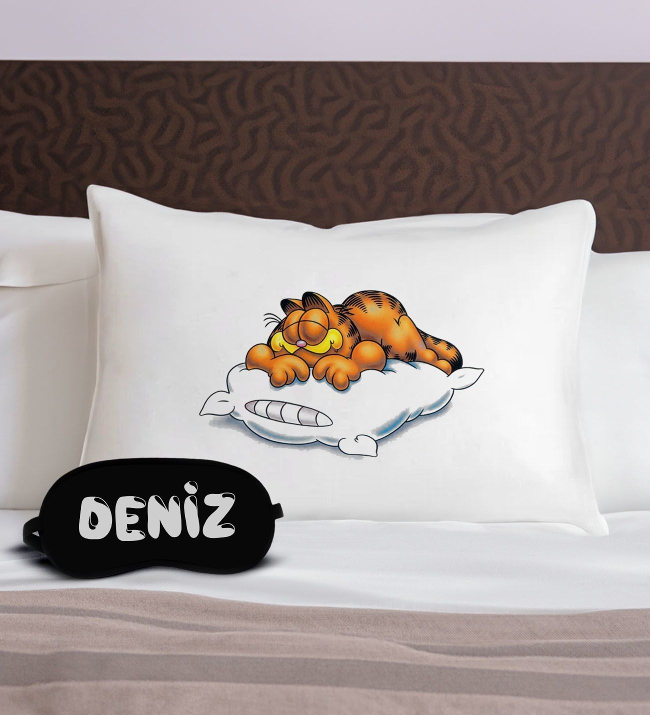 BK Gift Kişiye Özel Eğlenceli Kedi Tasarrımlı Pamuklu Yastık Kılıfı ve Göz Bandı Uyku Seti-4, Tasarım Ev Tekstili, Uyku Bandı, Ev Hediyesi