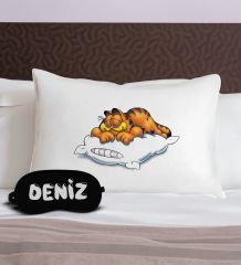 BK Gift Kişiye Özel Eğlenceli Kedi Tasarrımlı Pamuklu Yastık Kılıfı ve Göz Bandı Uyku Seti-4, Tasarım Ev Tekstili, Uyku Bandı, Ev Hediyesi