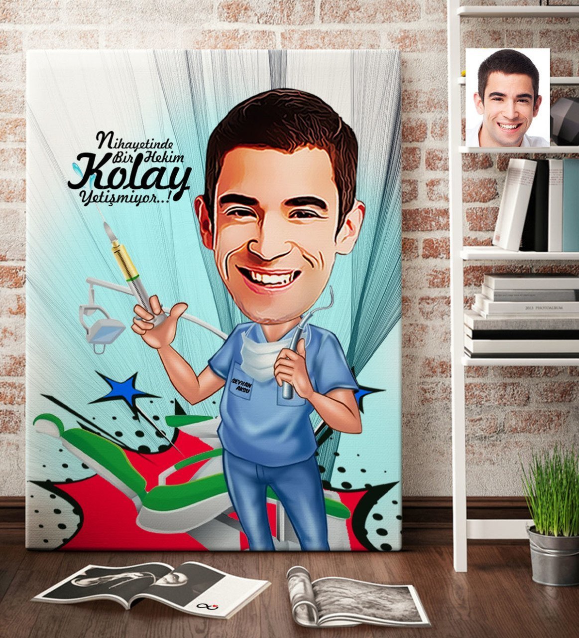 Kişiye Özel Bay Diş Hekimi Karikatür Kanvas Tablo (70 x 100 cm.) 4