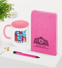 Kişiye Özel İngilizce Öğretmeni Temalı Pembe Defter Kalem Kupa Seti - 1
