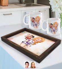 Kişiye Özel Sevgililer Karikatürlü Doğal Ahşap Tepsi ve 2’li Kupa Bardak Seti-30