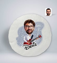 Kişiye Özel İsimli Erkek Gitarist Karikatürlü Yuvarlak Araç Koltuk Yastığı-2