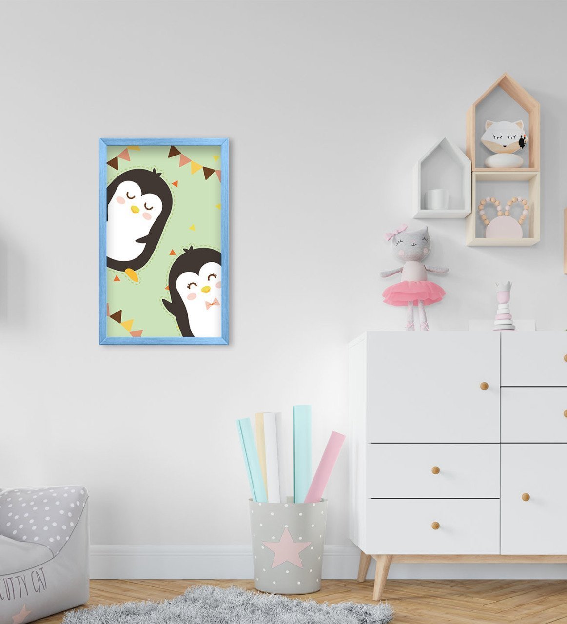 BK Home Tatlı Penguenler Tasarımlı Dekoratif Mavi Ahşap Çerçeveli Çocuk Odası Tablo-1