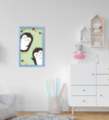 BK Home Tatlı Penguenler Tasarımlı Dekoratif Mavi Ahşap Çerçeveli Çocuk Odası Tablo-1
