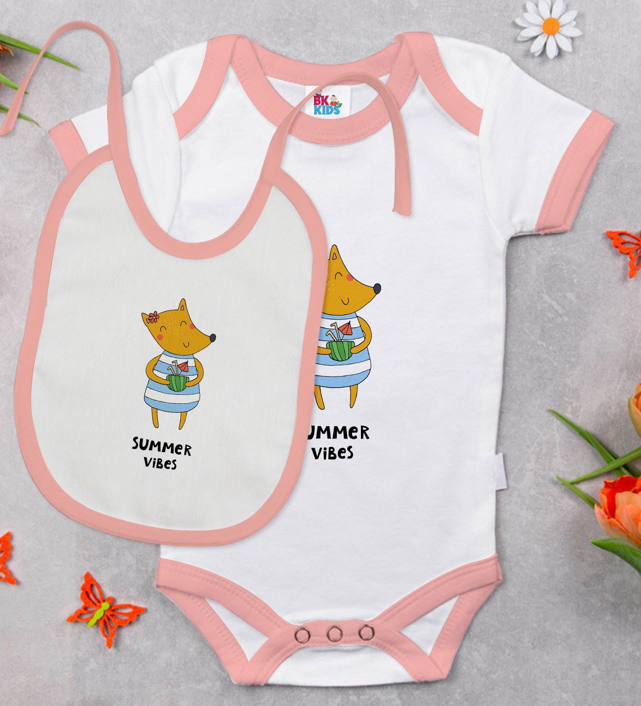 BK Kids Summer Vibes Tasarımlı Pembe Bebek Body Zıbın ve Mama Önlüğü Hediye Seti-1