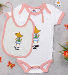 BK Kids Summer Vibes Tasarımlı Pembe Bebek Body Zıbın ve Mama Önlüğü Hediye Seti-1