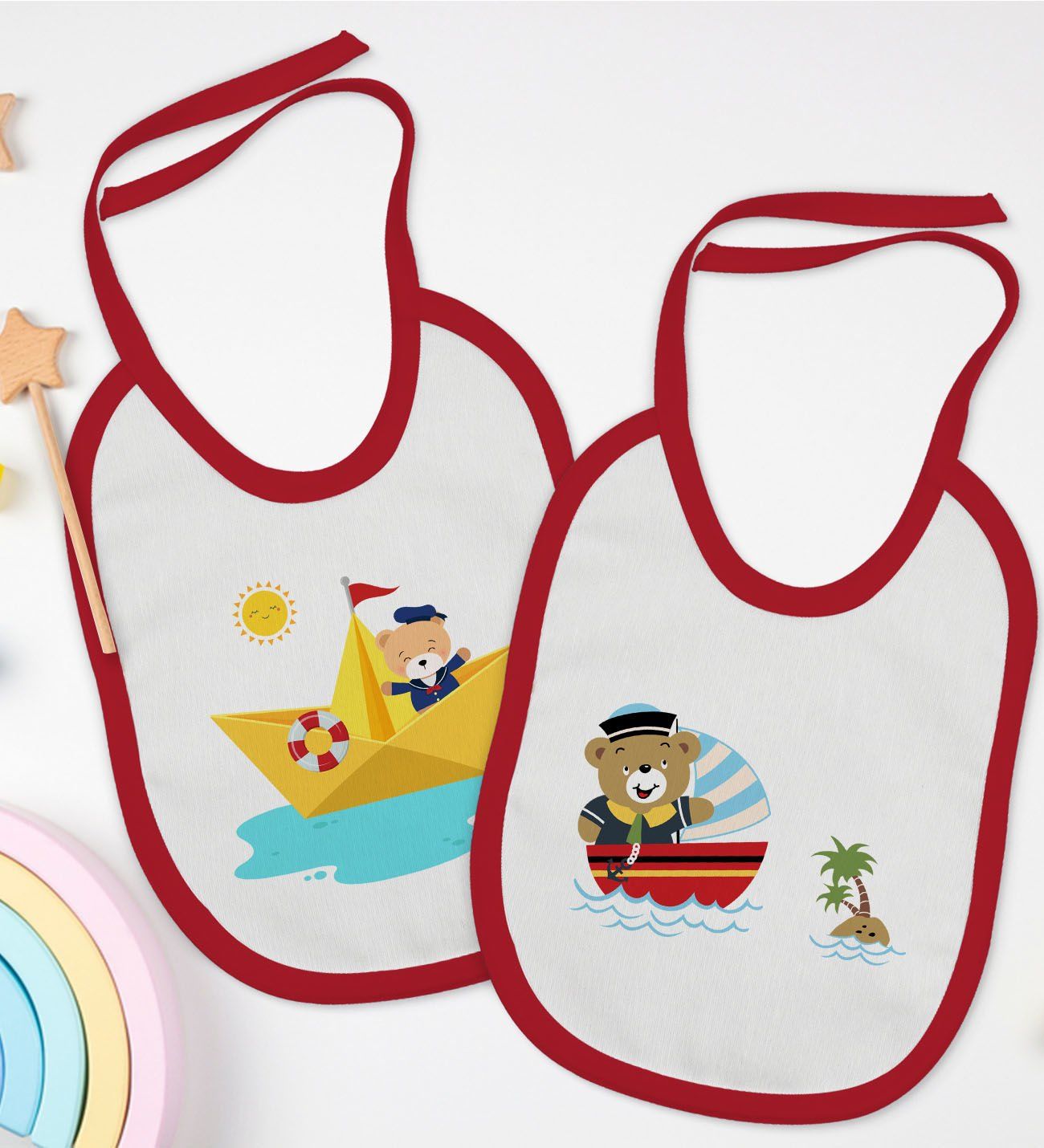 BK Kids Sevimli Kaptan Tasarımlı 2’li Kırmızı Mama Önlüğü-1