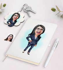 Kişiye Özel Kadın Patron Karikatürlü Beyaz Defter Kalem ve Anahtarlık Hediye Seti-1