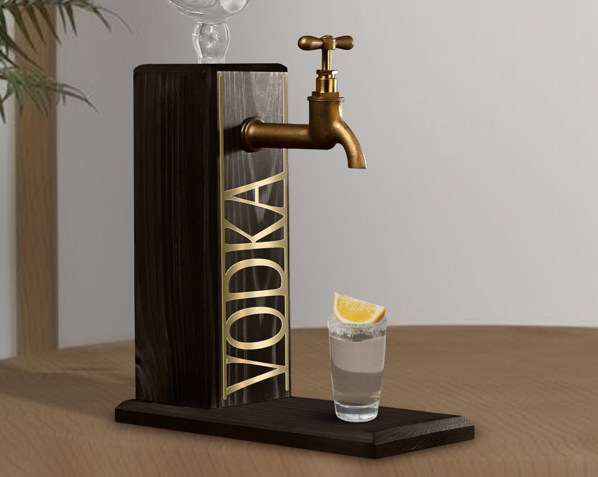 BK Gift Aynalı Altın Kabartma Musluklu Doğal Siyah(Ebony) Ahşap Vodka Standı, Home Bar, İçecek Dispenseri, Ahşap İçecek Çeşmesi-5