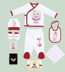 BK Kids Kişiye Özel Kırmızı Yeni Doğan Hastane Çıkışı, Anneye Hediye, Zirkon Taşlı Melek Kolye, 9 Parça Bebek Hediye Seti-2